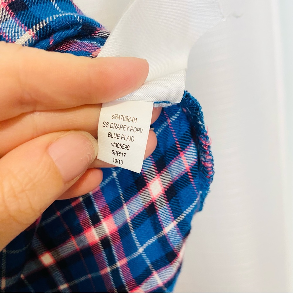 GAP• classic blue pink plaid oversized cap sleeve pop over top small - Picture 4 of 7